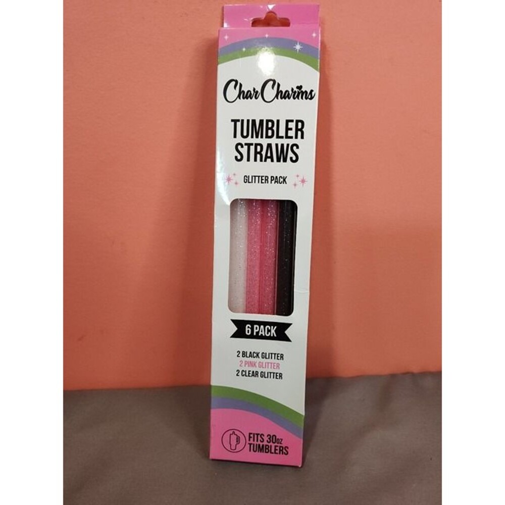 CharCharms Tumbler Straws 6 Pack Glitter Black Pink Clear